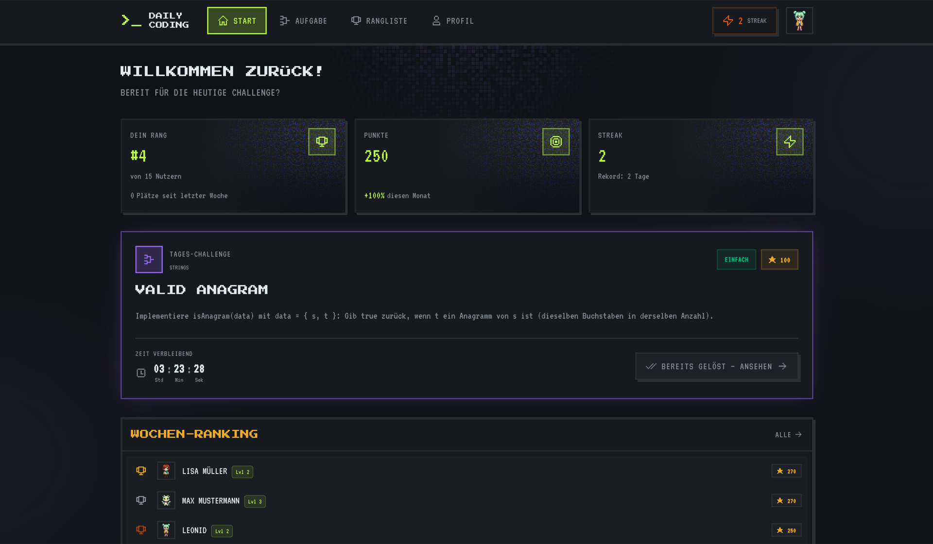 Das Dashboard von Daily Coding mit Rang, Punkten, Streak und der heutigen Challenge